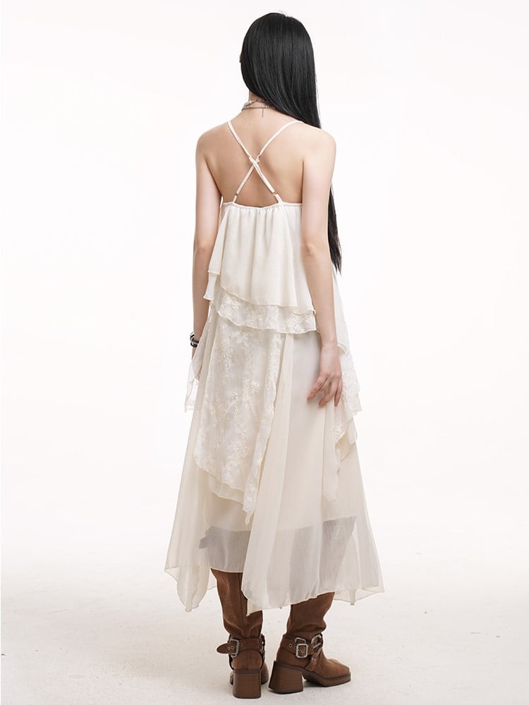 Slip Detail Rose with Dress Apricot Skirt Ankle-Length A-Line Multi-Layered