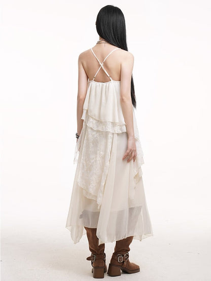 Slip Detail Rose with Dress Apricot Skirt Ankle-Length A-Line Multi-Layered