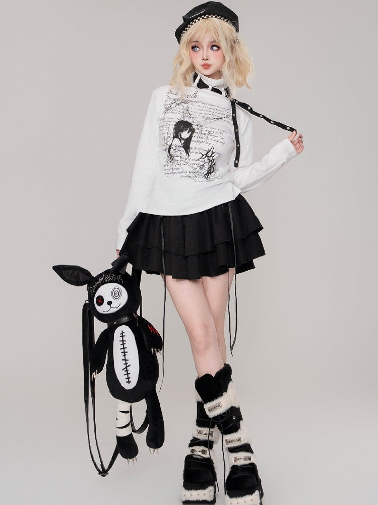 Jirai Kei Schwarz/Weißes Manga-Girl-Oberteil mit Trägerdetails und hohem Halsausschnitt