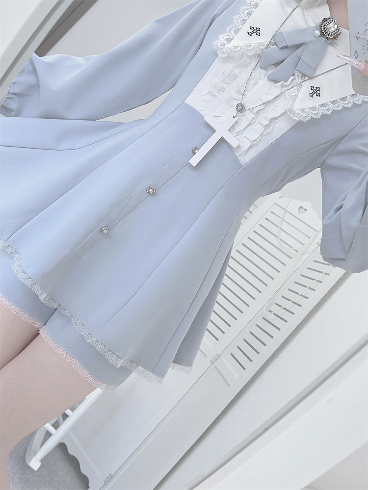 Water Kei Collar Blue Jirai Ensemble: Dress Ethereal Cross-Embroidered