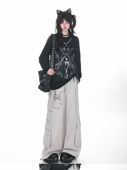 Bead Black/White Distressed Long Sleeve Sweatshirt with Detachable Chain