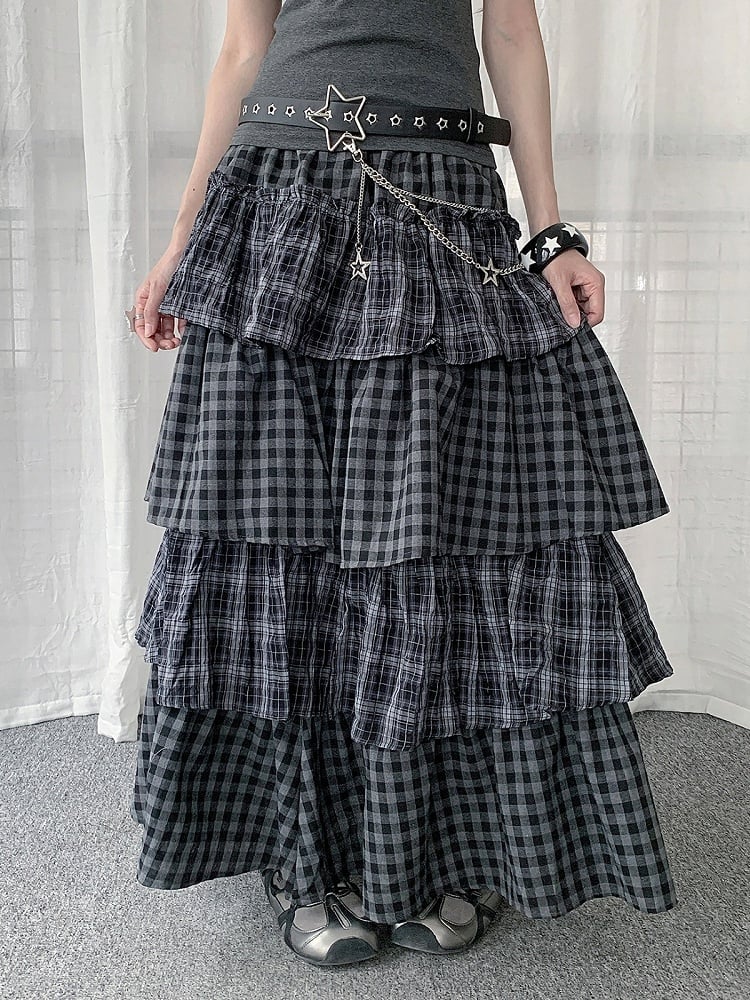 Two Tone Plaid Layered Ruffle Skirt - Solkatt