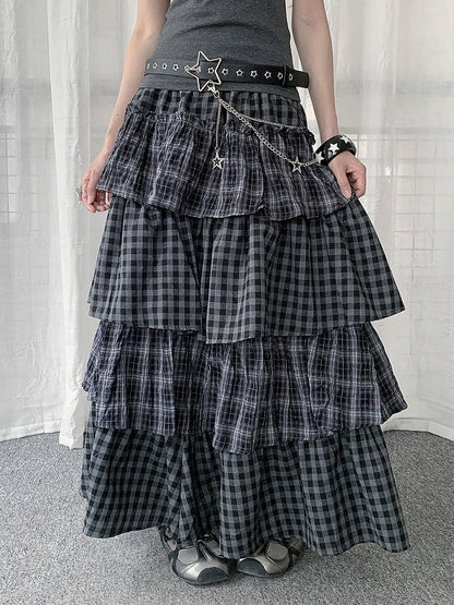 Two Tone Plaid Layered Ruffle Skirt - Solkatt