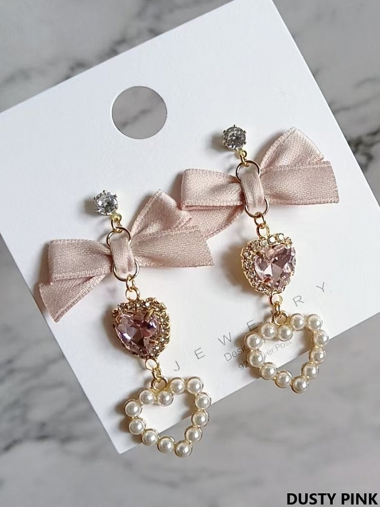 Kei Jirai Earrings Heart Rhinestone Bowknot