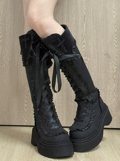 with Knee-high Ruffle Cross Gothic Regular Version Platform Boots Black Details in