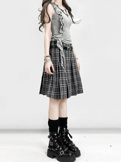 Y2K Sleeveless Gray Ruffle Trim V-Neck Design Glamorous Top