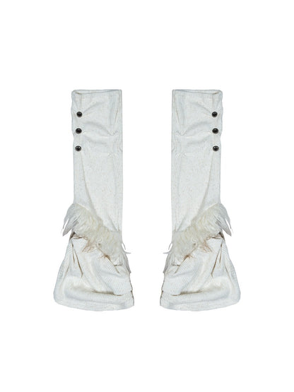 Leg Faux Fur Punk Knit Trim Brown Beige with Buttons Warmers