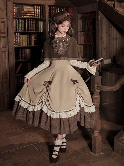 Brown Striped Faux Two-Piece Lolita Dress Outfit with Cape, Jabot & Mini Hat - With PUJI