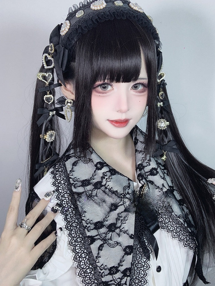 Highlight Pony mit Länge und Silber Perücke Schwarz 70CM Glatt