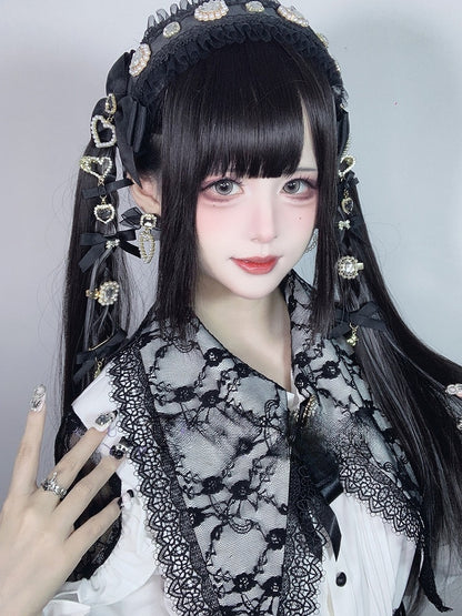 Highlight Pony mit Länge und Silber Perücke Schwarz 70CM Glatt