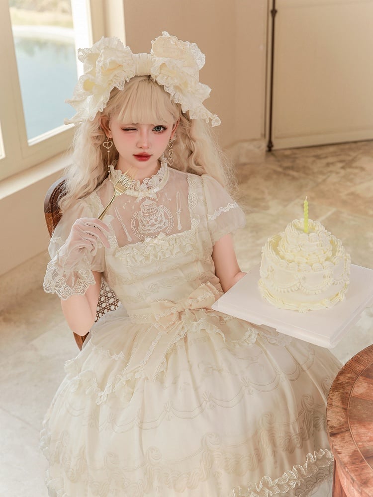 Lolita White One Short Piece Sleeves Neckline Illusion Creamy