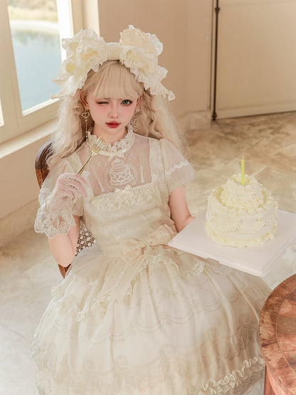 Lolita White One Short Piece Sleeves Neckline Illusion Creamy