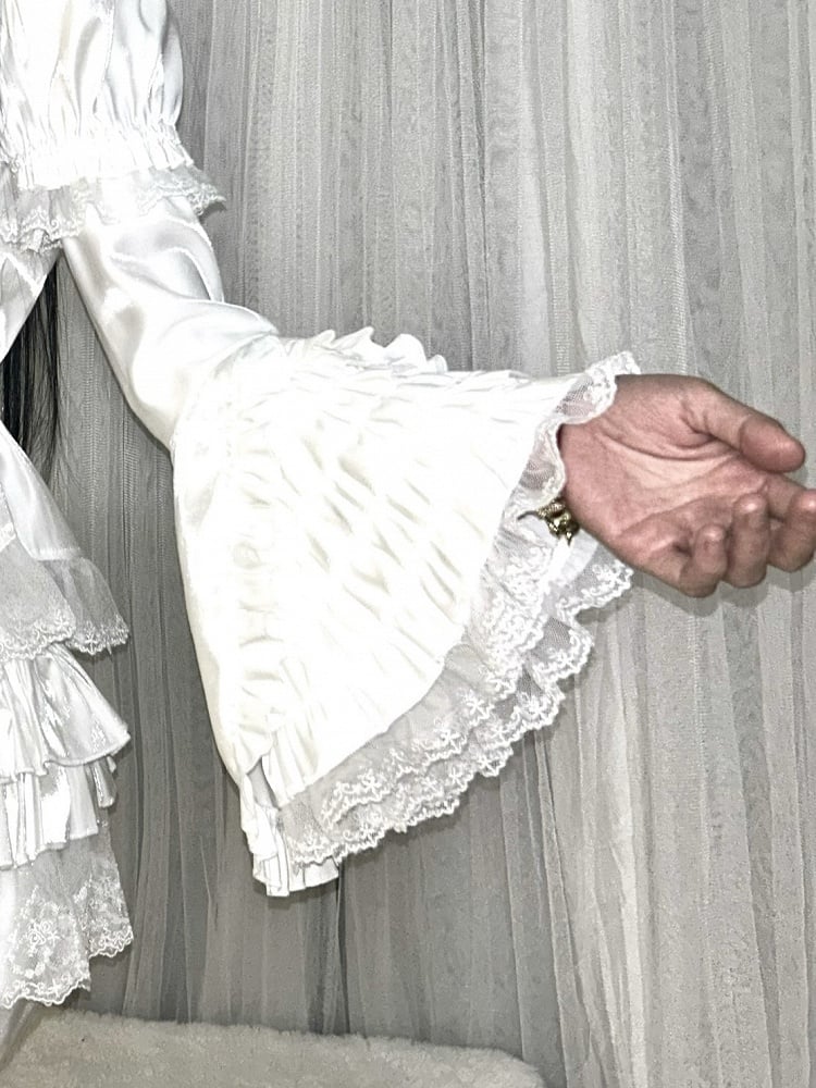 Cuff Detachable Tiered Six-Layer Lace Ruffles with Sleeves White Bell Trimmed Elastic