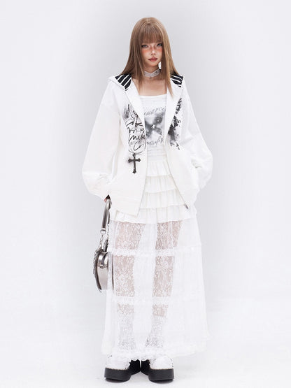 ロングホワイトレーススカート裾フリルティアード