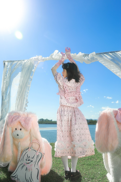 メッシュパールウェーブプリントピンクアニマルスカート