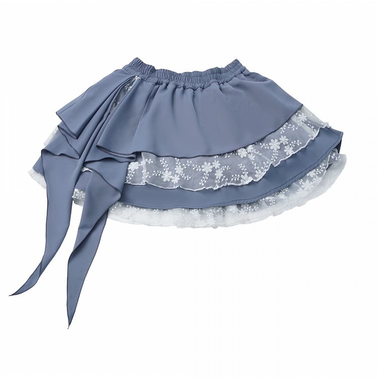 Blue and White Floral Lace Tiered Skirt with Asymmetric Design and Streamer Details - PINK SAVIOR