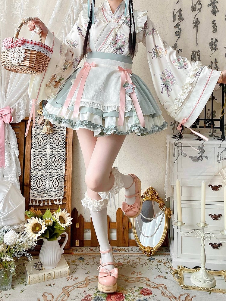 Medicine Skirt Herbal + Top Crossover Light Set Han Lolita Green Neckline