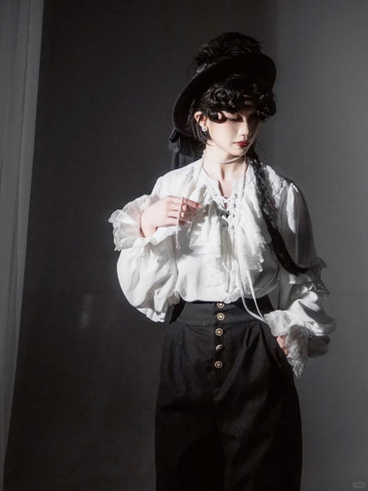 with Long Front Lace-Up Blouse Sleeves White Ruffled