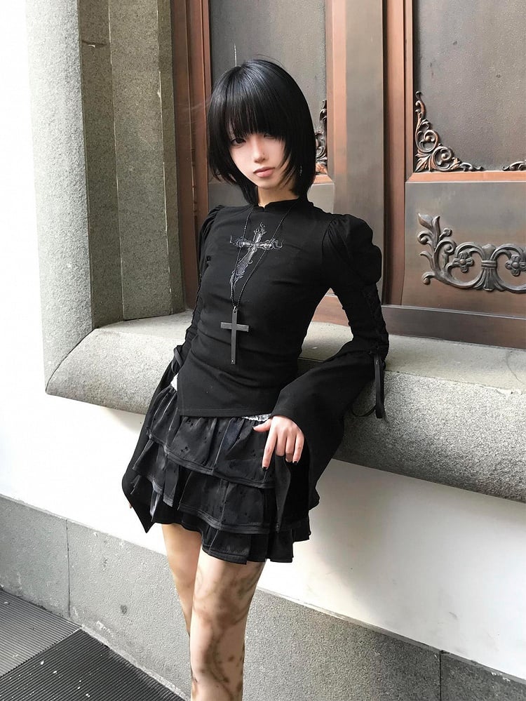 Embroidered Applique Side Top Lace-up with Bell Cross Black Sleeves