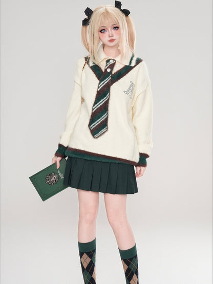 グレー/ホワイトのポロカラー プレッピースタイル セーター（ニットタイ付き）