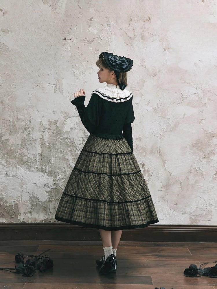 and Coat Ruffled Lolita Polka-dot Black Detail Lace Neckline Bow with White