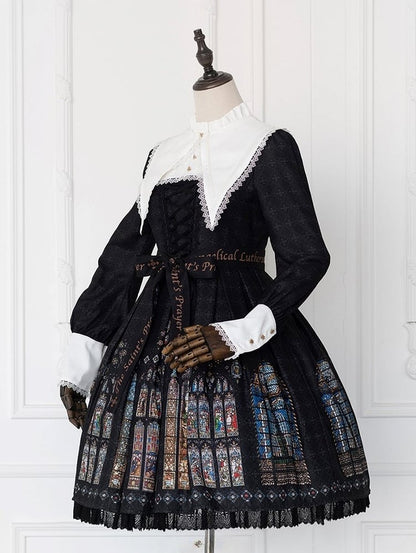 White Dress Window Collar Stained Gothic Sleeves Short Black Version Print Lolita with Long Church Detachable