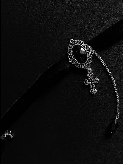 Necklace Lolita with Ornate Vintage Ouji Elegant Charm Obsidian Cross Choker Metalwork