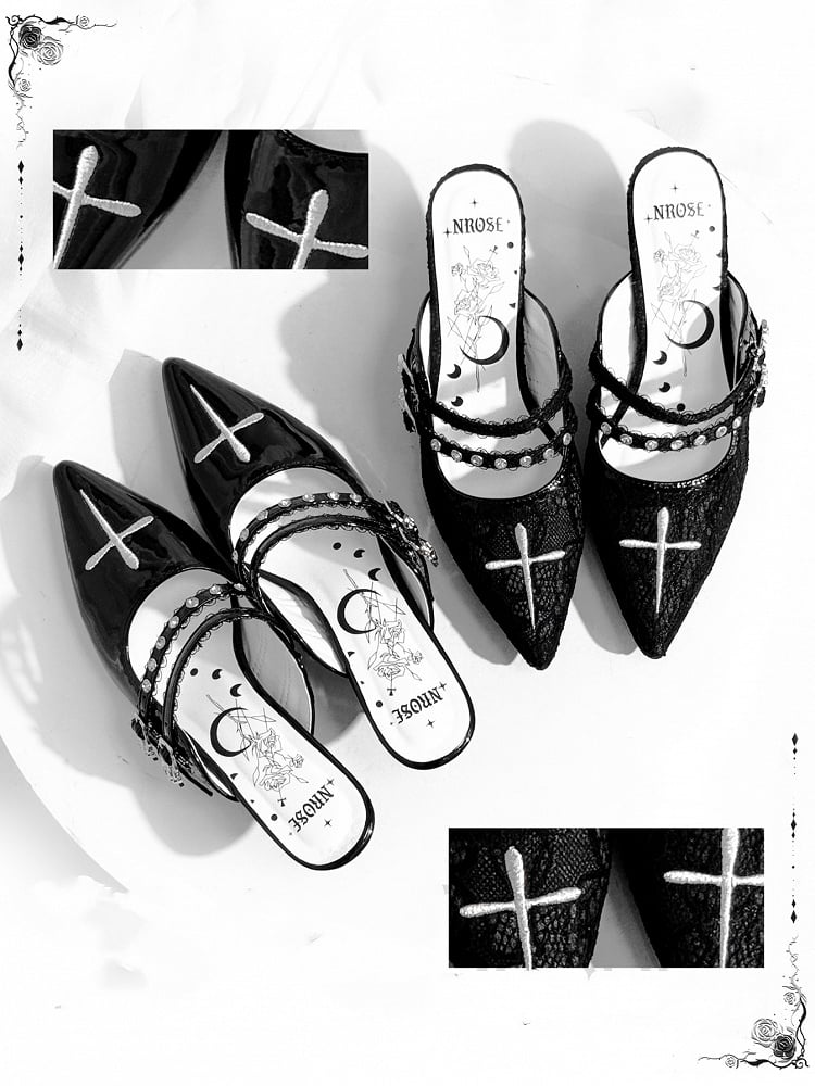 Stiletto Toe Heel Embroidery Pointed Cross Black Polished Sandals Gothic with 6cm