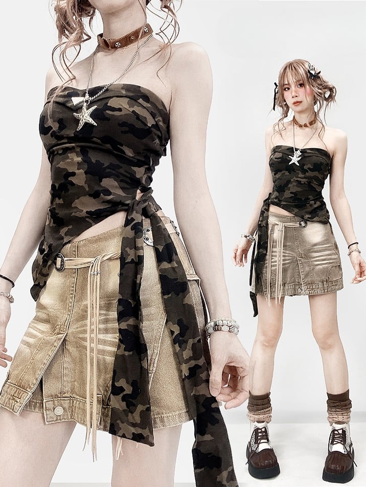 Bittersweet Asymmetrical Strap Self-tie Army Camo Green Pattern