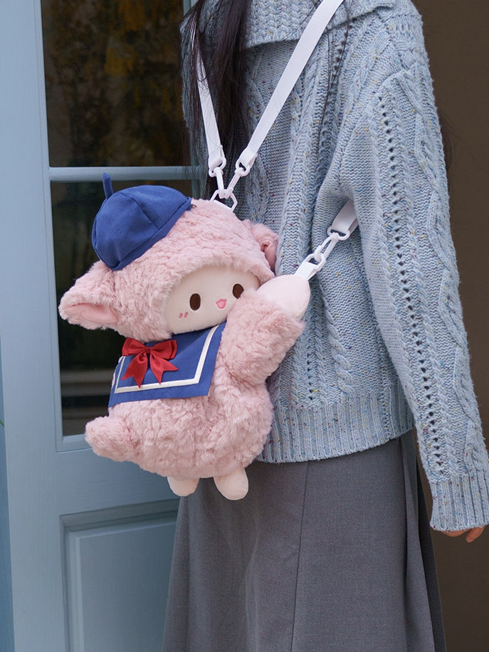 Size Cute Blue Hat Bag Middle/Large Lamb Pink + Collar Sailor Little Plush Backpack/Crossbody