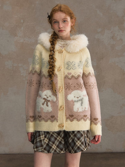 Collar Detachable Mohair Cozy Pink/Brown Fur Hooded Cardigan with Knit