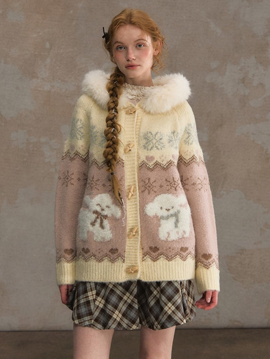 Collar Detachable Mohair Cozy Pink/Brown Fur Hooded Cardigan with Knit