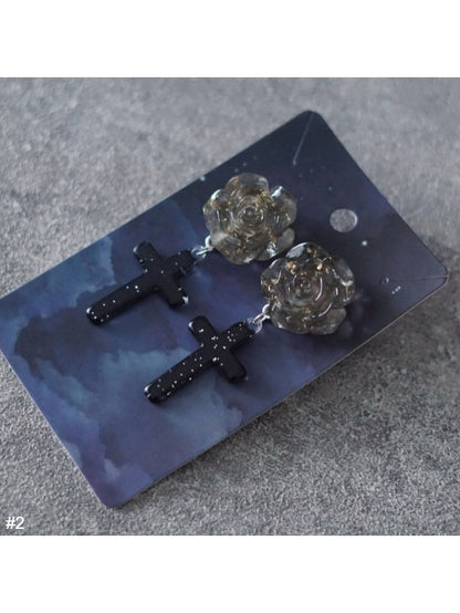 Gothic Rose Earrings with Cross Pendant - Strange Sugar