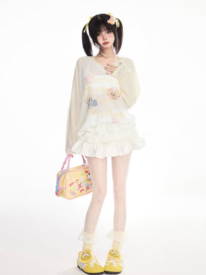 イエローのセミシアーカバーアップデザイン ベアプリント Vネック キュートカラーブロック