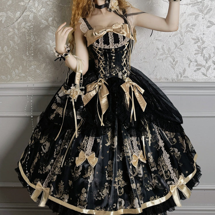 Taillenüberzug Lolita und Kordelzug Pulloverrock Korsett Schwarz Gold