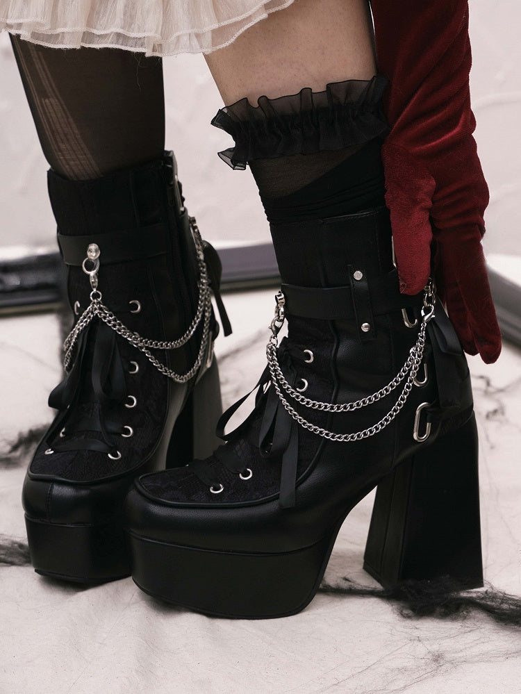 Inner with Chains Zip Block Boots Detachable Black Heel Lace-up Gothic High Details Platform - Ankle
