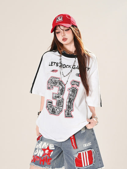 ホワイト ブロケット コアプリント ルーズTシャツ ナンバー