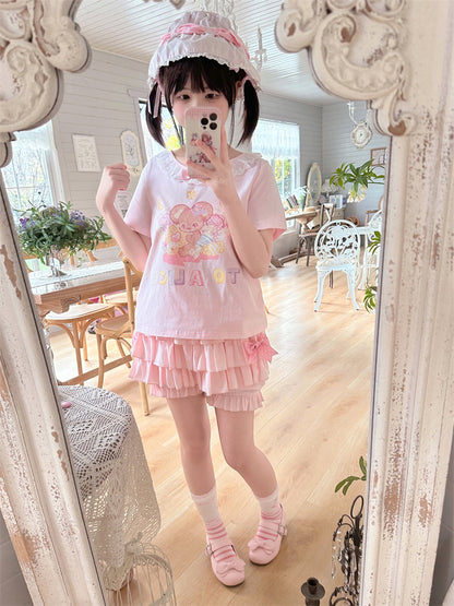 ピンクの伸縮性ウエスト、蝶結び、サイドアクセント、ティアードフリル、ブルマー