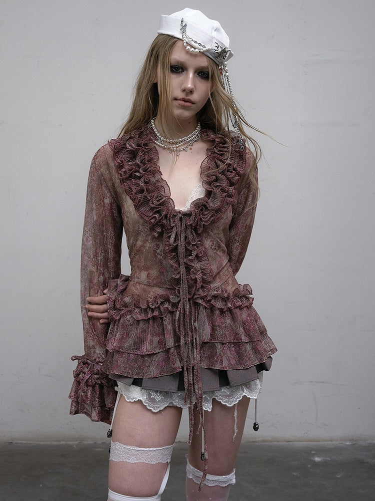 Pattern Ruffles Leopard Trim Sleeves Bell Shirt Purple