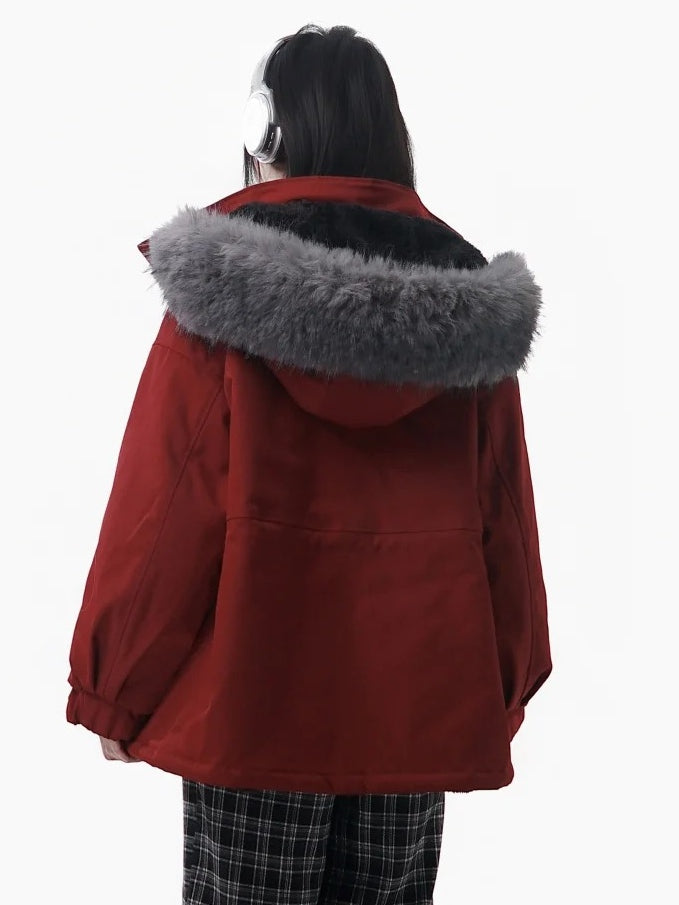 Parka unisexe d'hiver rouge à capuche et fourrure en peluche