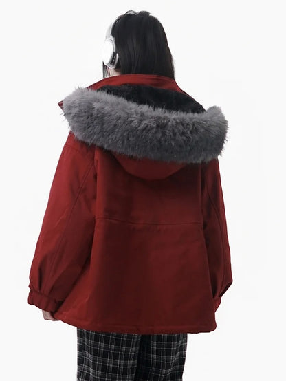 Parka unisexe d'hiver rouge à capuche et fourrure en peluche