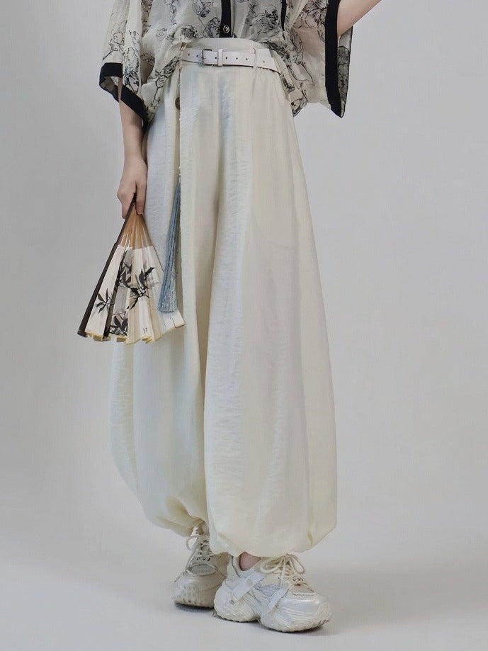 Beige Tencel Lantern Pants with Simple Basic Design - Feng Hua Gui Guo Ling
