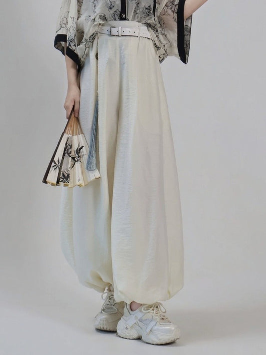 Beige Tencel Lantern Pants with Simple Basic Design - Feng Hua Gui Guo Ling