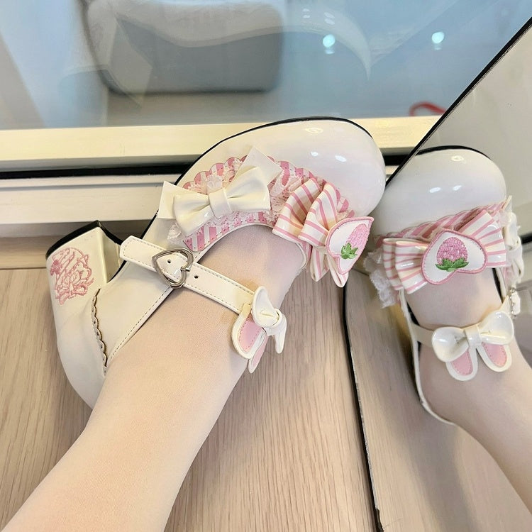 Heels Sweet White Embroidered with Lolita Mid Appliques Strawberry Heart