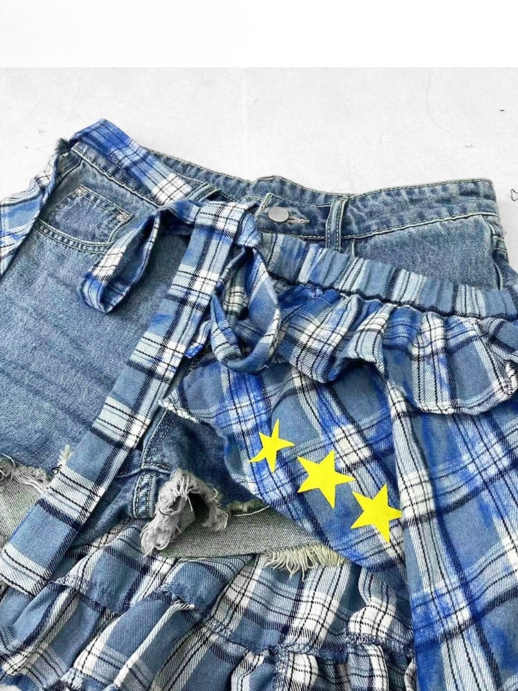 Stulpen + Shorts mit blauem Aufdruck am Saum, glamouröses Muster, bittersüßes asymmetrisches Stern-Set – karierter Applikationsrock, Beinkreuz