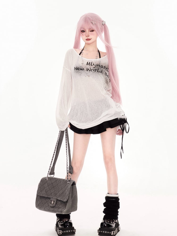 ホワイトレタープリントのカバーアップ セミシースルーネックライン アシンメトリー