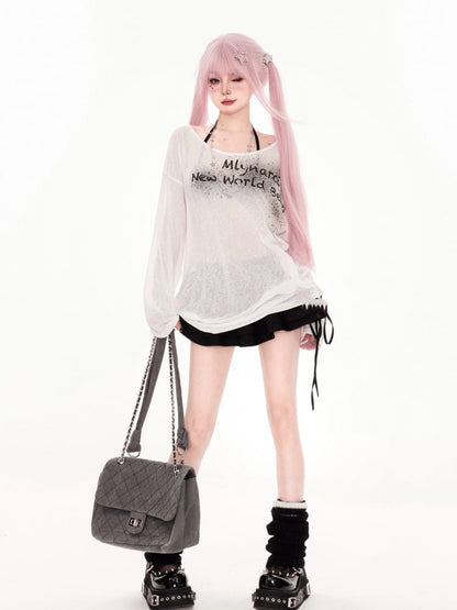 ホワイトレタープリントのカバーアップ セミシースルーネックライン アシンメトリー