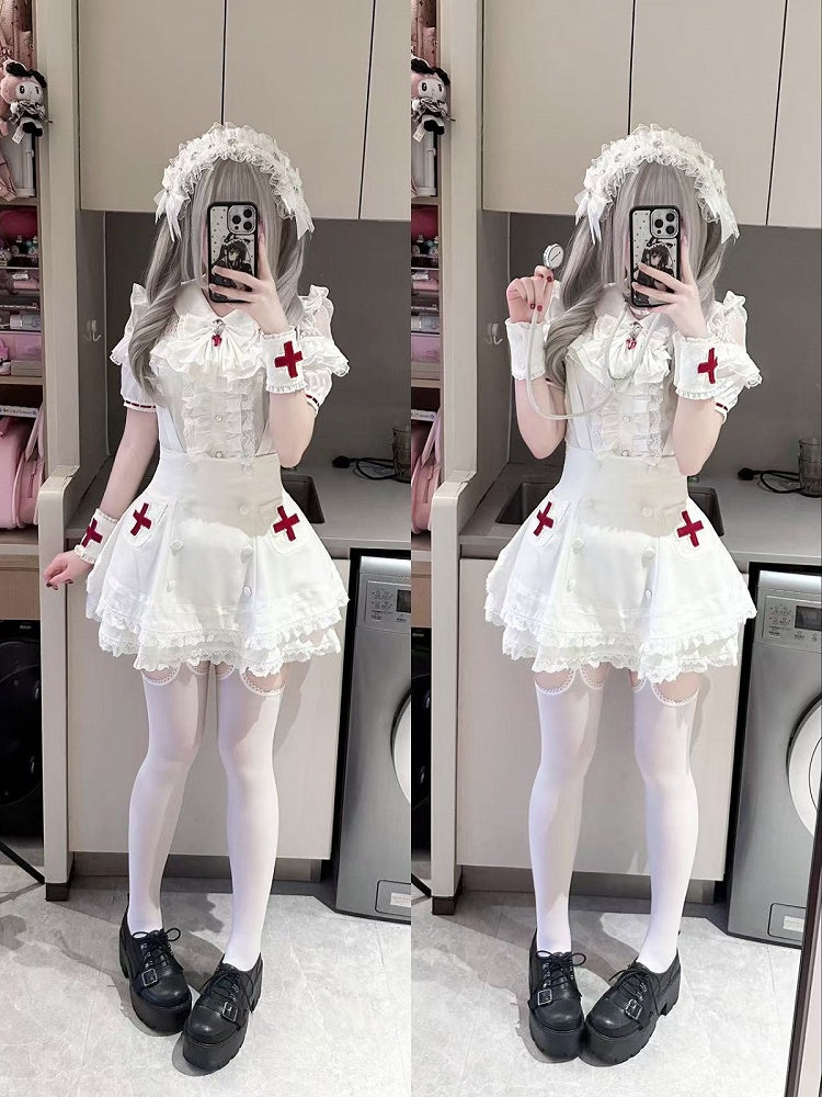White Lace Blouse & Skirt Set with Straps & Bow - Shi Zhai Xin