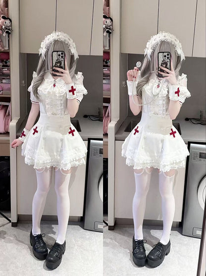 White Lace Blouse & Skirt Set with Straps & Bow - Shi Zhai Xin
