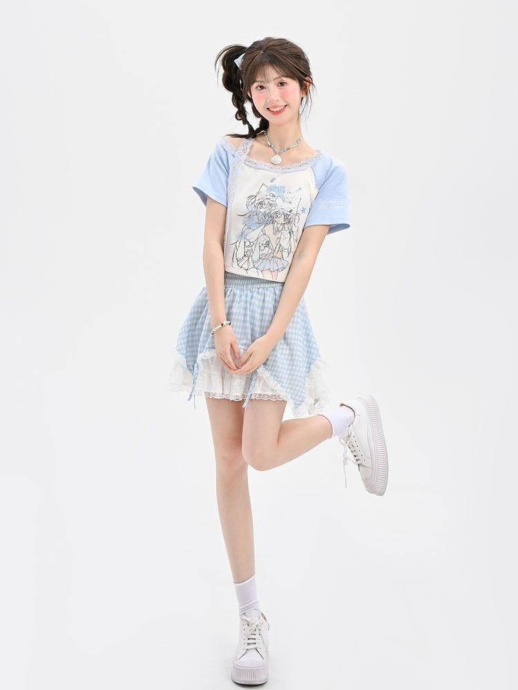 ライトブルーデザイン アニメガールプリントTシャツ カラーブロック ショート/ロングバージョン